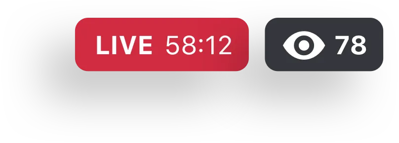 Live stream timer showing 58 minutes and 12 seconds, with a viewer count of 78 indicated by an eye icon.
