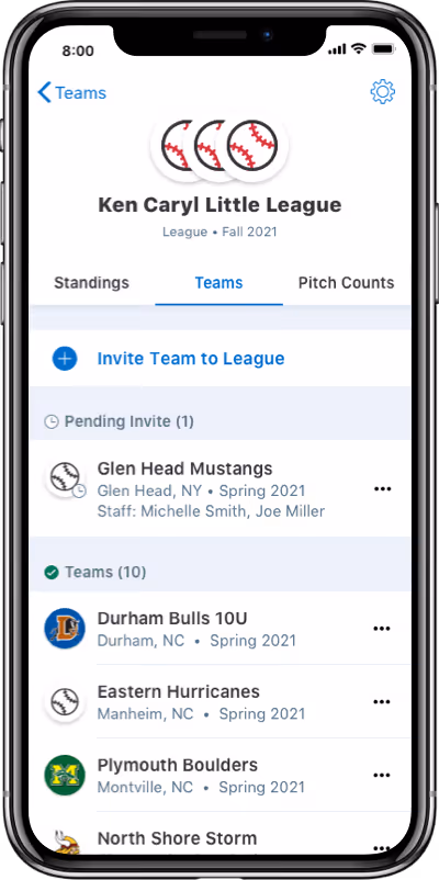 Mobile app screen for Ken Caryl Little League Fall 2021 showing teams with an invite pending for Glen Head Mustangs and list of teams including Durham Bulls 10U, Eastern Hurricanes, and Plymouth Boulders.