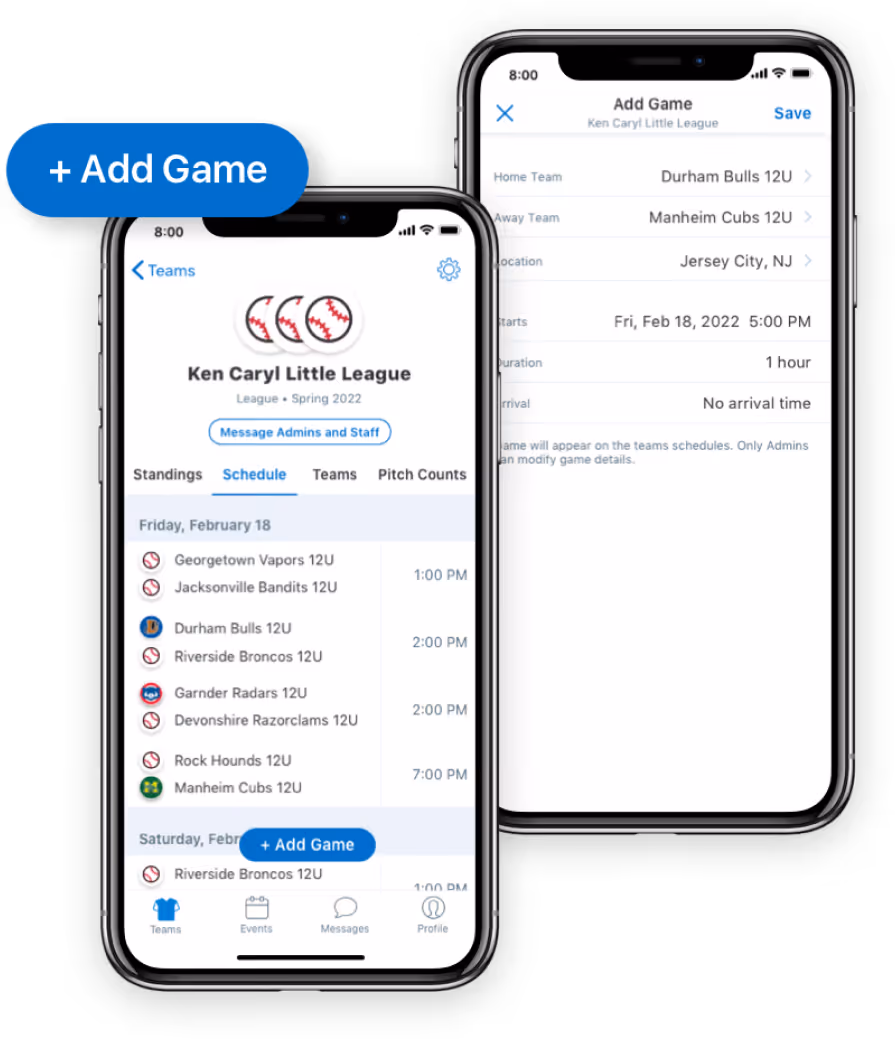 Two smartphones displaying Ken Caryl Little League app screens, showing game schedules and an interface to add a new game.