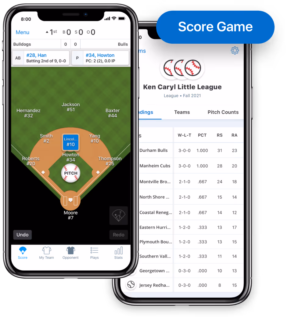 Two overlapping smartphones displaying a baseball score tracking app with player positions on a diamond field and team standings for Ken Caryl Little League.