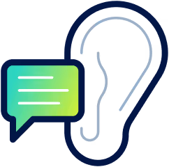 Outline of a human head with a green and blue speech bubble symbolizing customer feedback or communication.