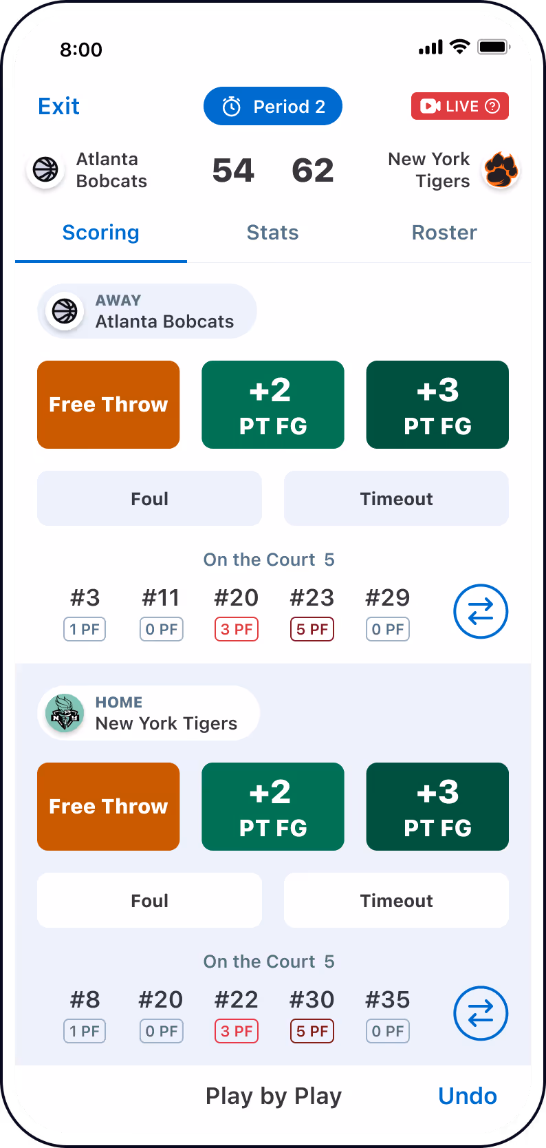 basketball head to head scorekeeping interface