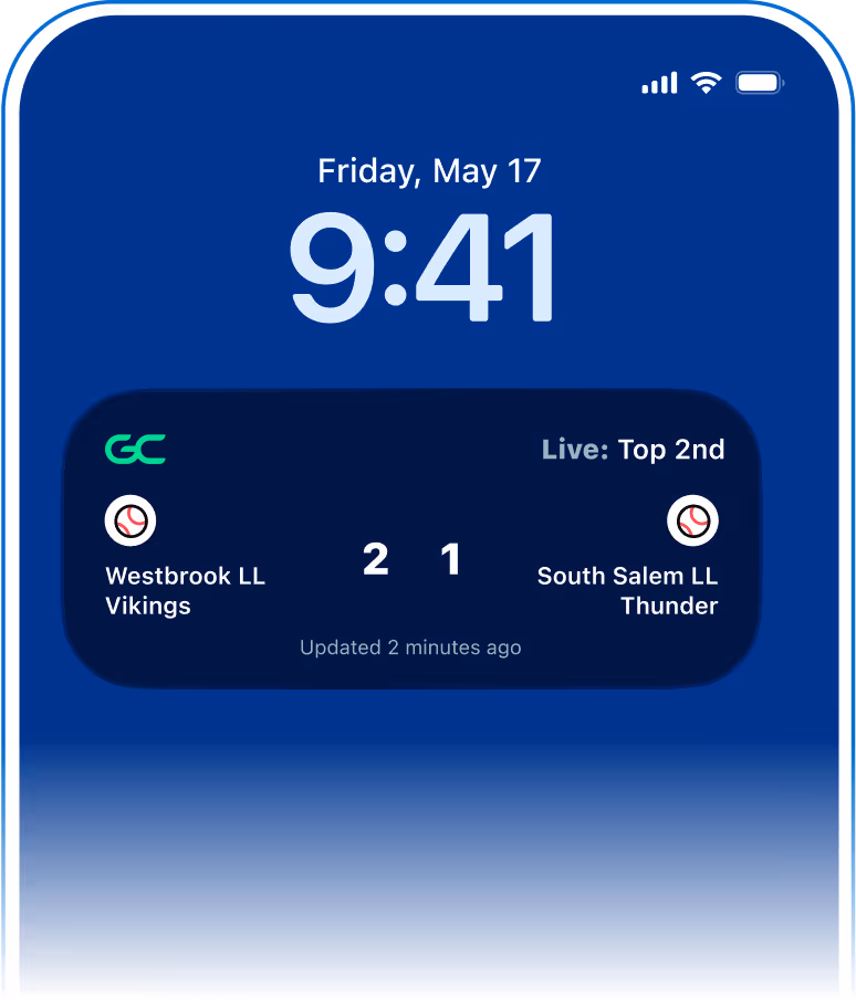 Smartphone lock screen showing baseball score with Westbrook LL Vikings 2 and South Salem LL Thunder 1 in the top of the 2nd inning, time 9:41 on Friday, May 17.