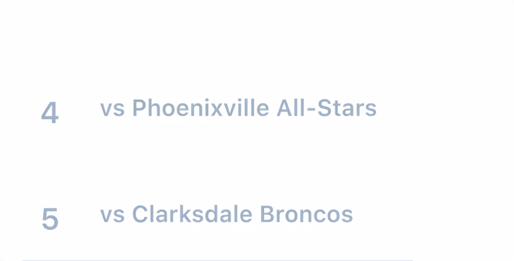Scoreboard showing 4 vs Phoenixville All-Stars and 5 vs Clarksdale Broncos.
