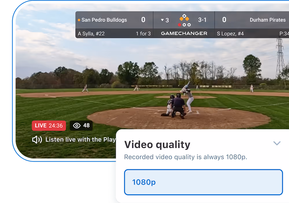 Live baseball game between San Pedro Bulldogs and Durham Pirates with a batter, catcher, and umpire at home plate on a green field under a partly cloudy sky.