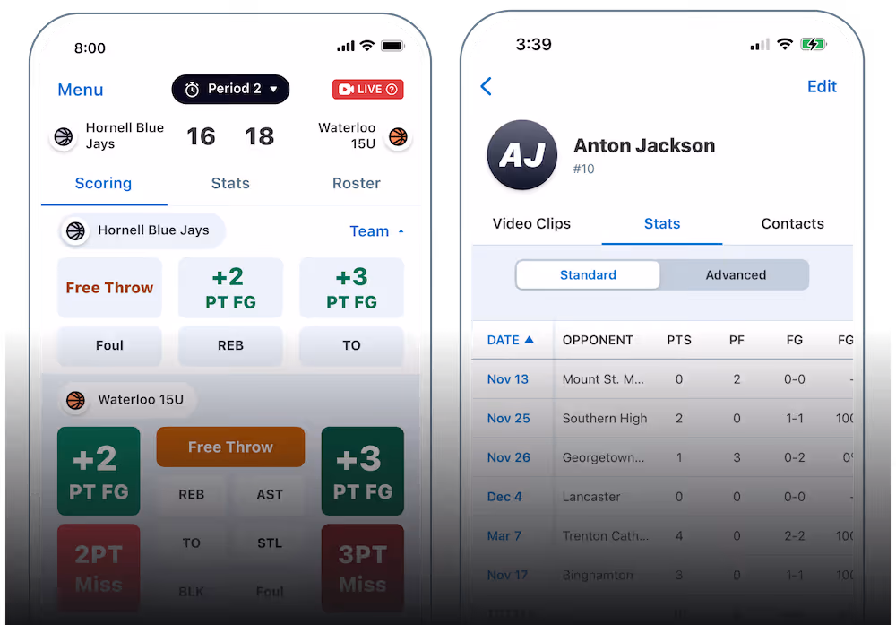Two smartphone screens showing a basketball scoring app with team scores, stats for players, and game details.