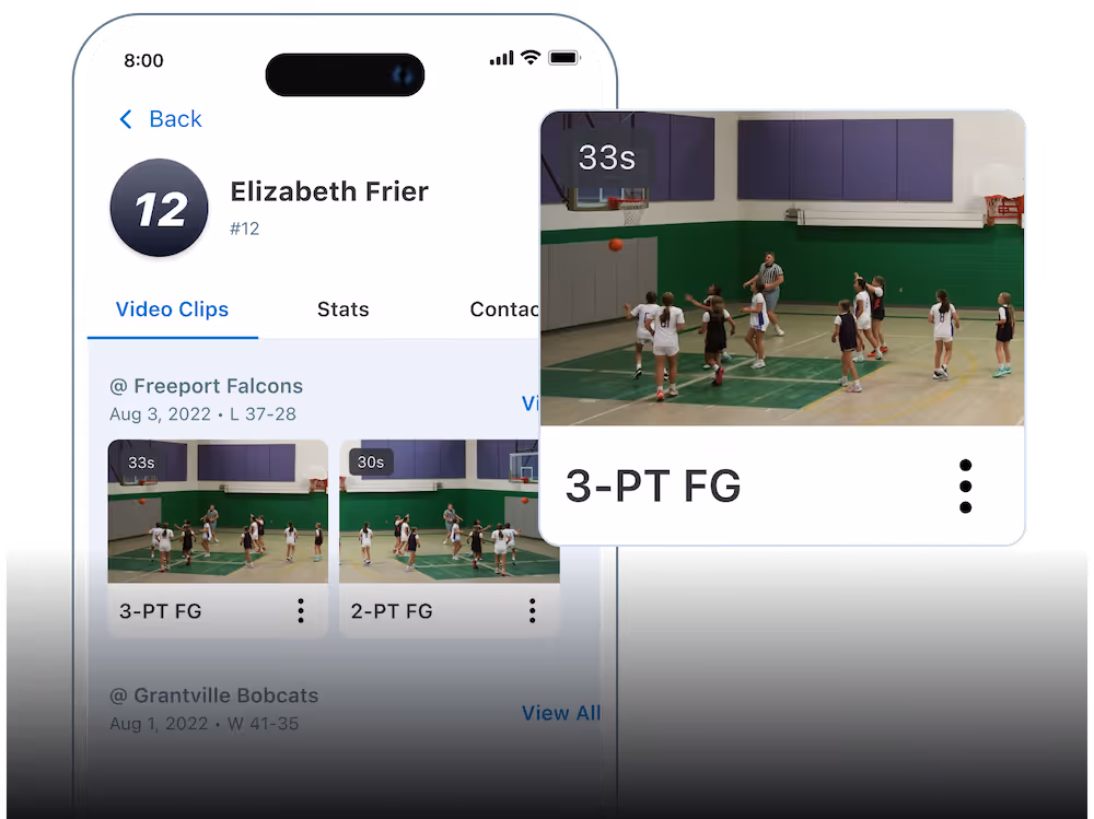 Mobile screen showing basketball video clips for player Elizabeth Frier, including a 33-second 3-point field goal shot in progress in a gym.