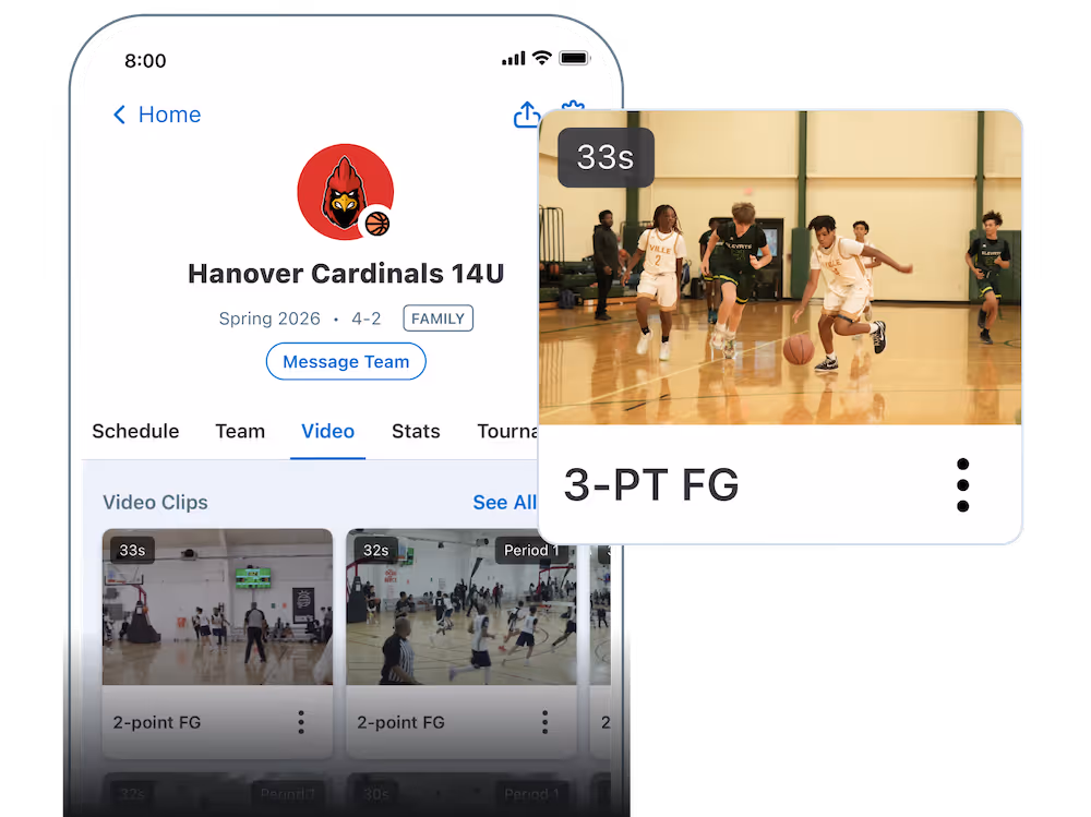 Mobile app screen showing Hanover Cardinals 14U basketball team page with video clips of games including a 3-point field goal highlight.