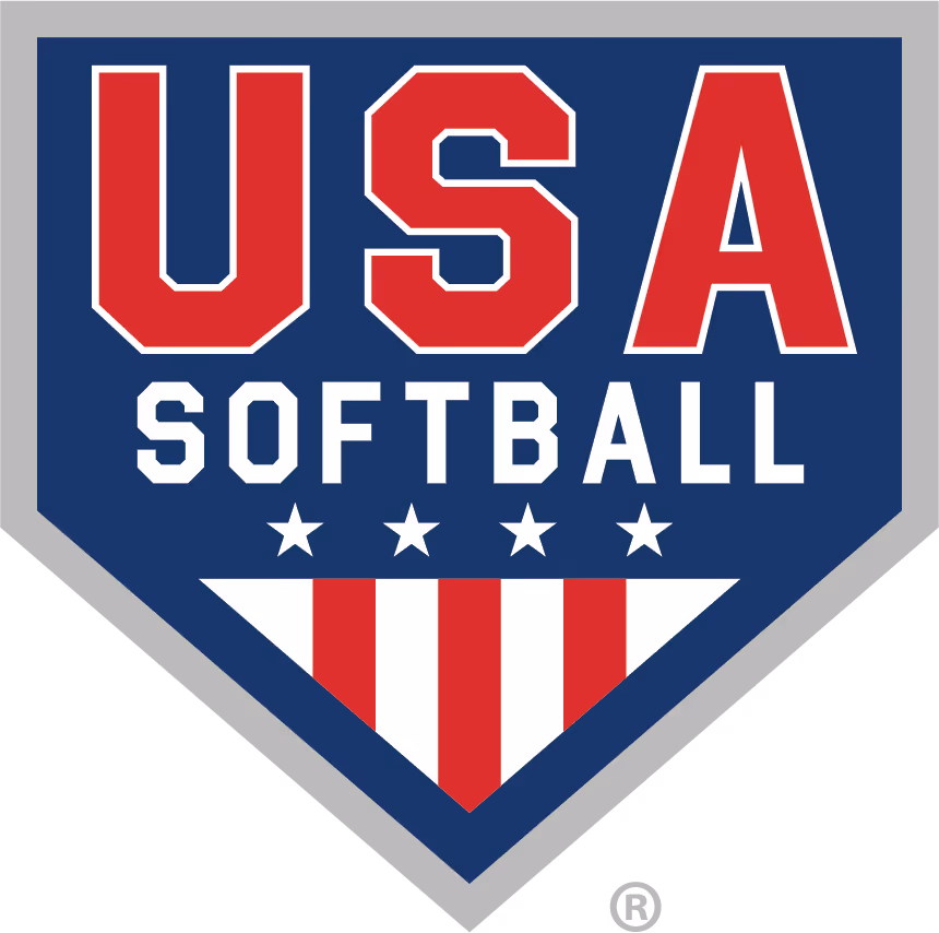 USA Softball logo featuring red USA letters, the word SOFTBALL, four white stars, and red and white stripes on a navy home plate shape.