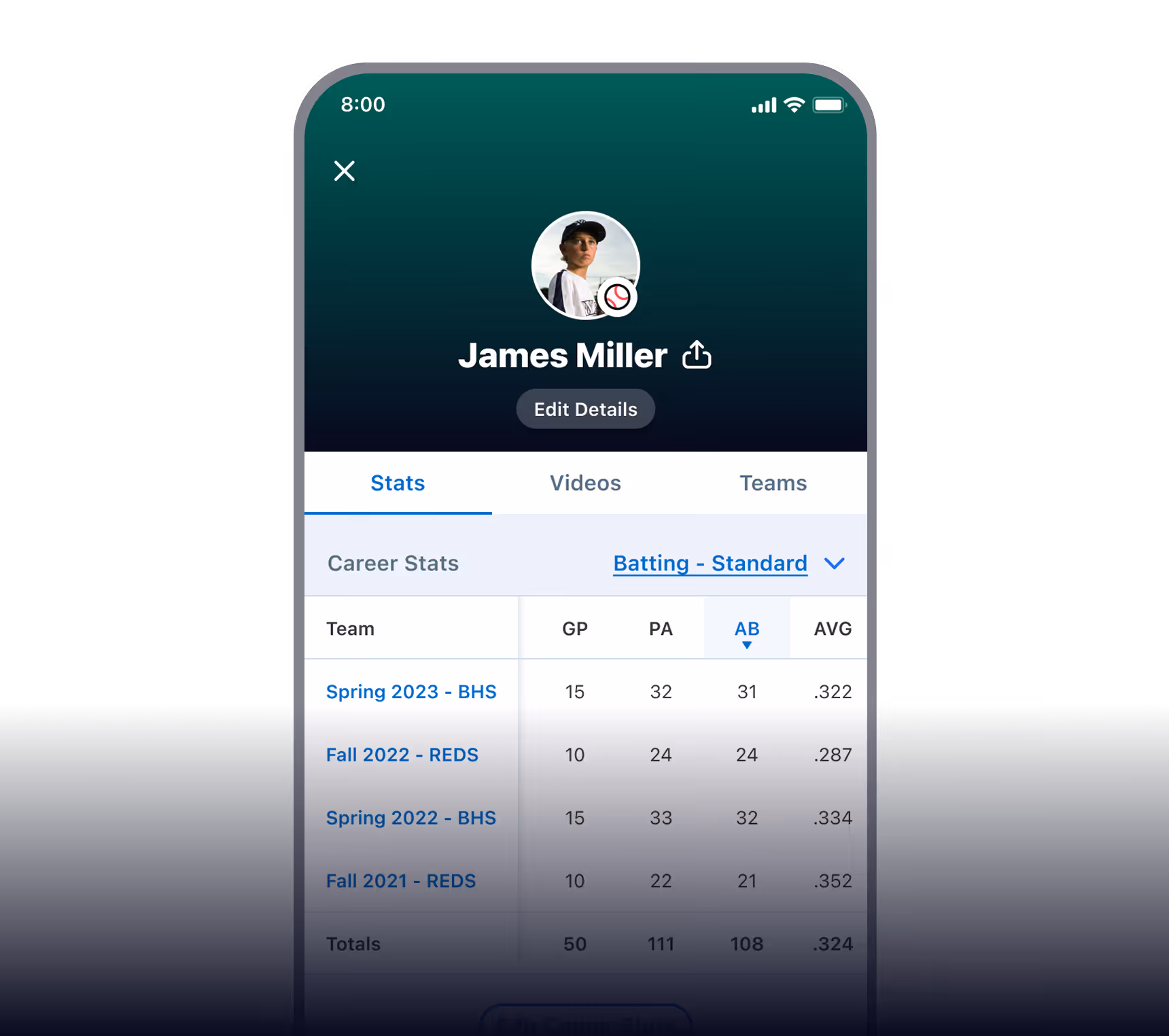 Mobile app profile screen showing baseball player James Miller's career batting stats across four seasons.