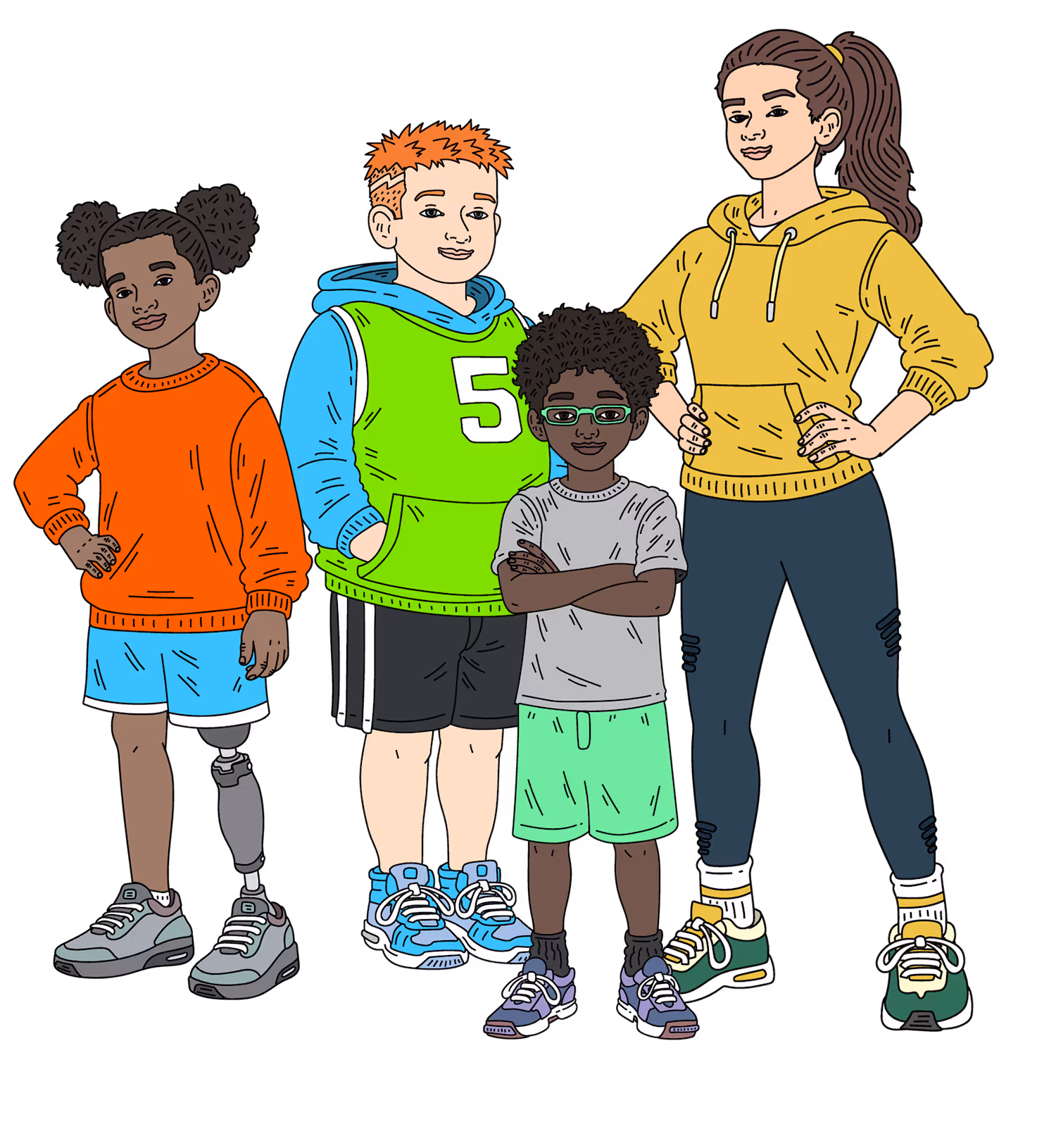 Group of four diverse kids standing confidently, including one with a prosthetic leg, wearing colorful casual clothes and sneakers.