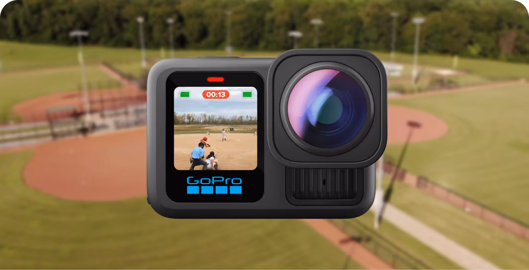 GoPro camera screen showing a baseball game being recorded on a field.
