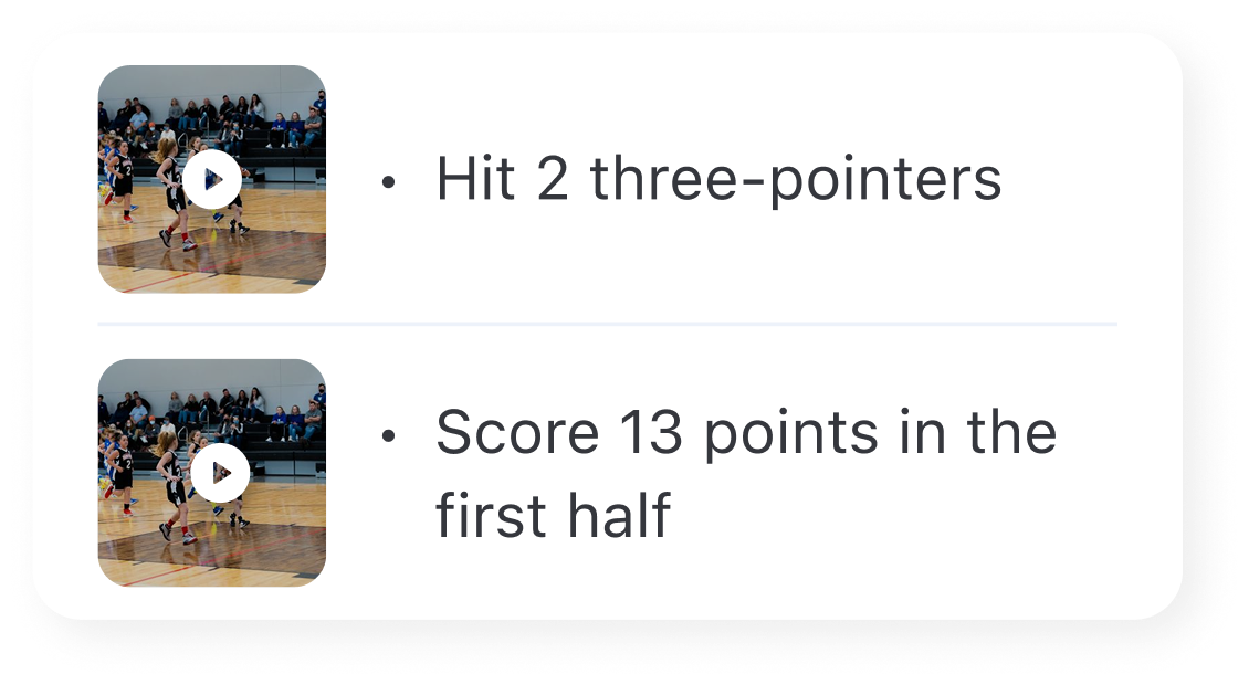 Two basketball video thumbnails with text: Hit 2 three-pointers and Score 13 points in the first half.