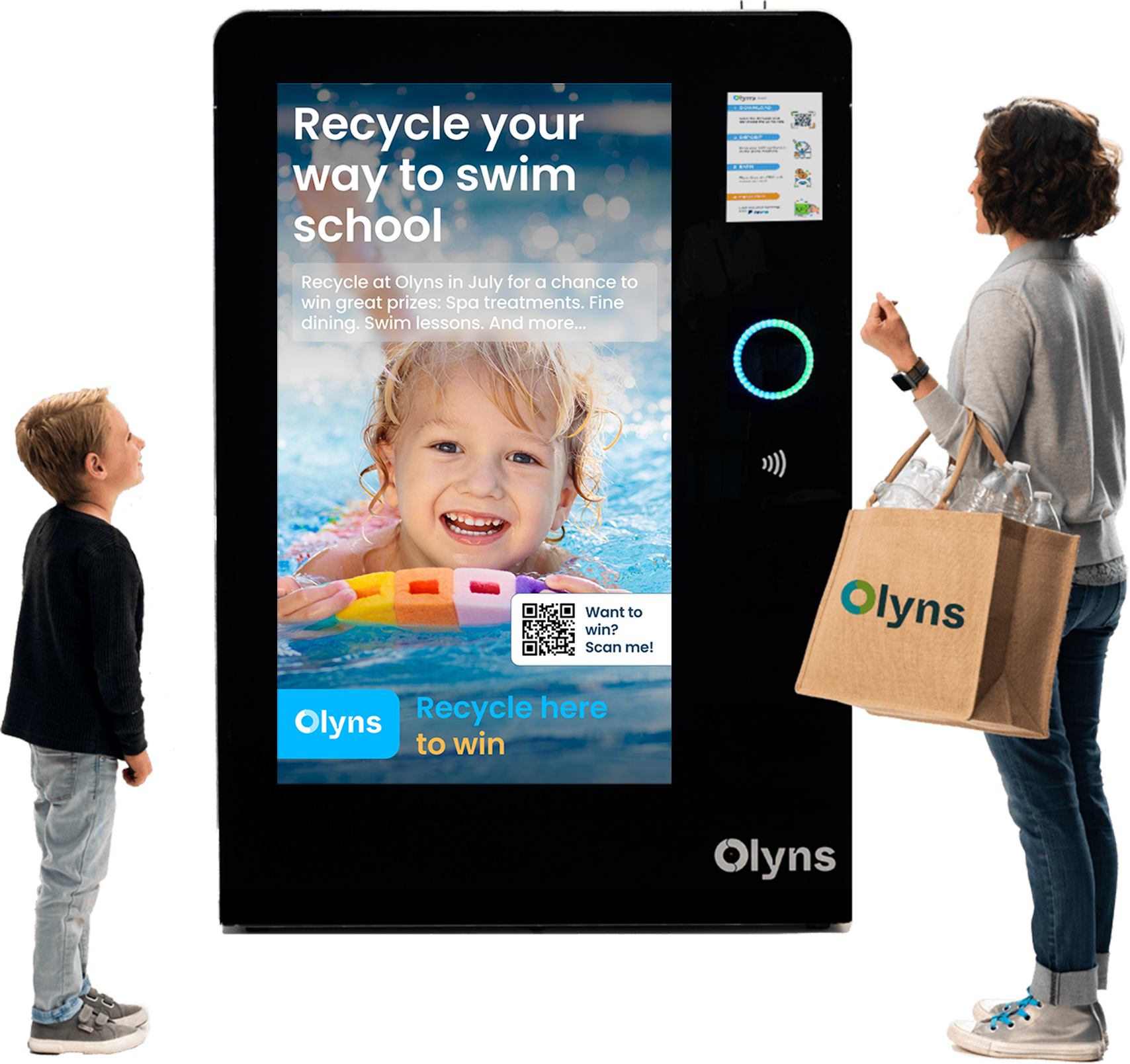 Man pulling recycling bin out of Olyns reverse vending machine ( RVM)