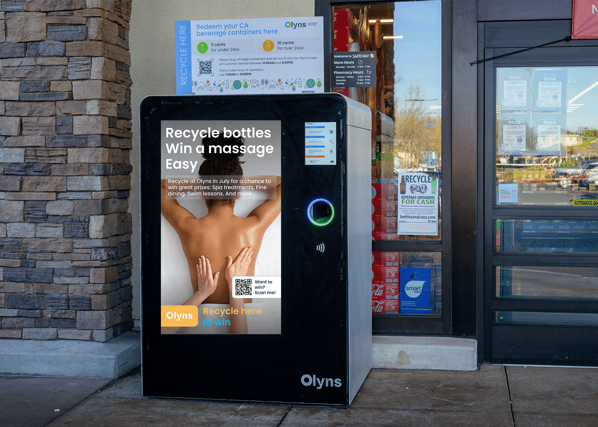 Man pulling recycling bin out of Olyns reverse vending machine ( RVM)