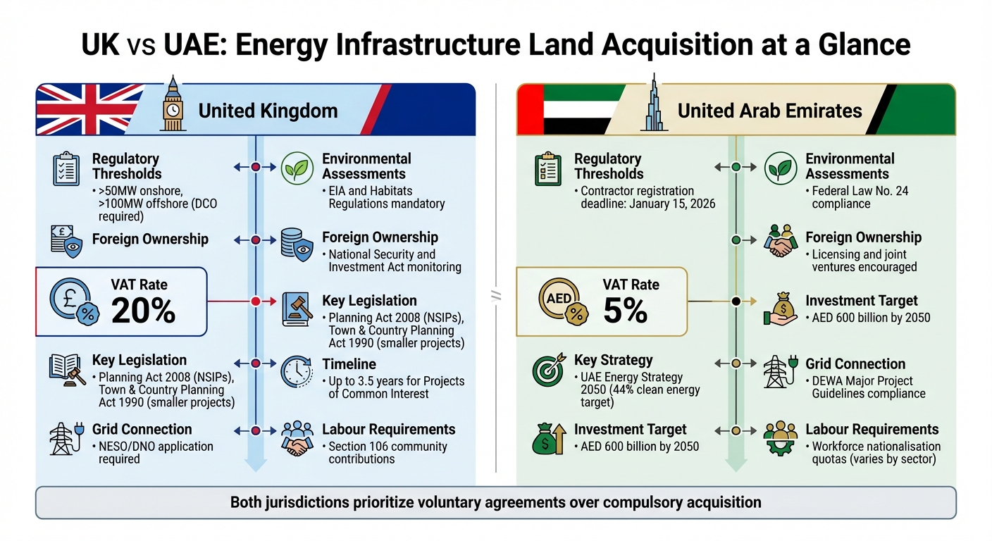 UK vs UAE Energy Infrastructure Land Acquisition: Regulatory Requirements and Key Differences