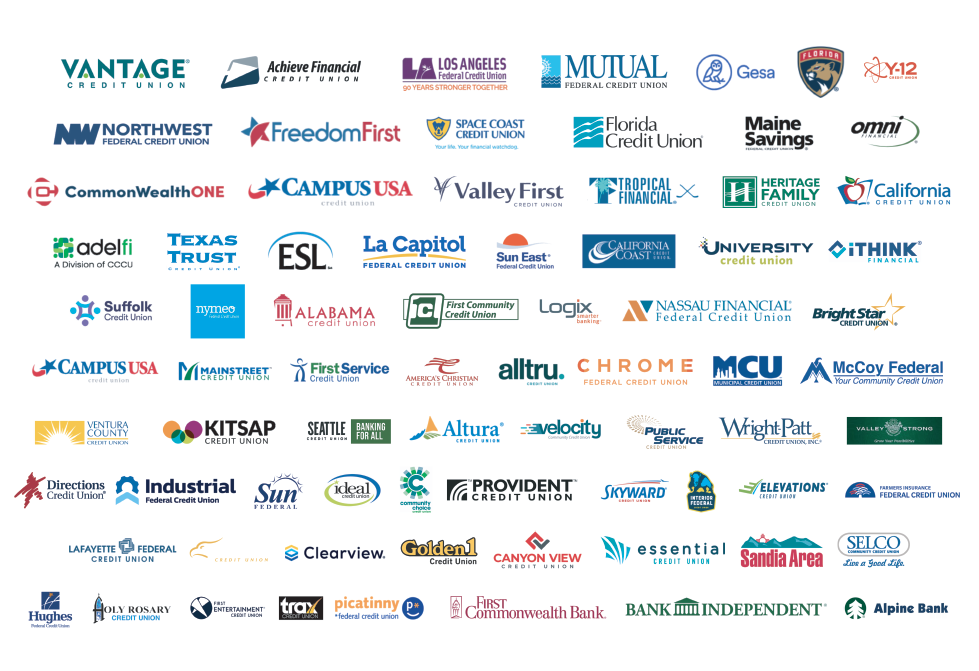 A collage of various credit union and bank logos including Sun Federal, First Commonwealth, Christian Community Credit Union, Bank Independent, Maine Savings, Hughes Federal Credit Union, Campus USA Credit Union, Lafayette Federal Credit Union, Essential Federal Credit Union, Wellby Financial, Axos Bank, Freedom First, Los Angeles Federal Credit Union, The Police Credit Union, Pathways Financial Credit Union, Nassau Financial Federal Credit Union, First Service Credit Union, Kitsap Credit Union, Sandia Area, McCoy Federal, MainStreet Credit Union, Interior Federal Credit Union, America's Christian Credit Union, Mutual Credit Union, Valley First Credit Union, HRCU, MCU, Valley Strong, Alabama Credit Union, Alpine Bank, Elevations Credit Union, Suncoast Credit Union, California Coast Credit Union, and Sun East Federal Credit Union.
