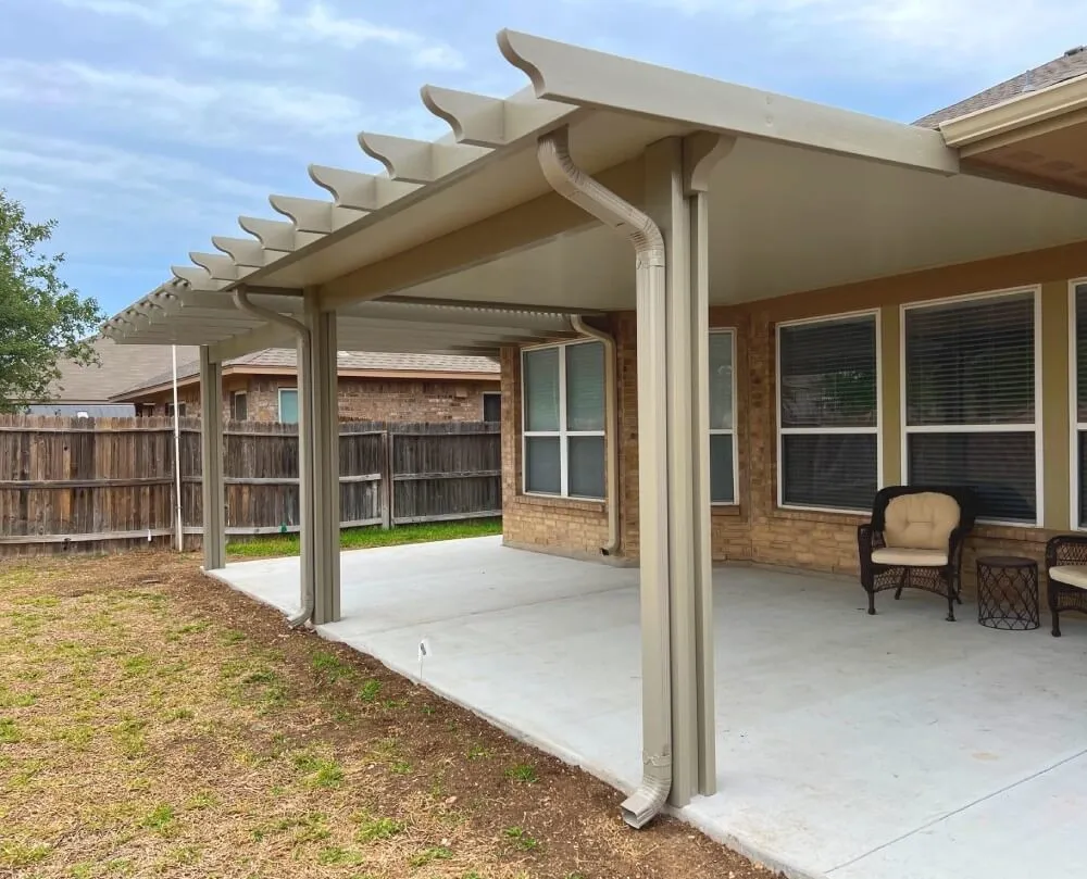 Modern pergola and patio area in a San Antonio backyard.