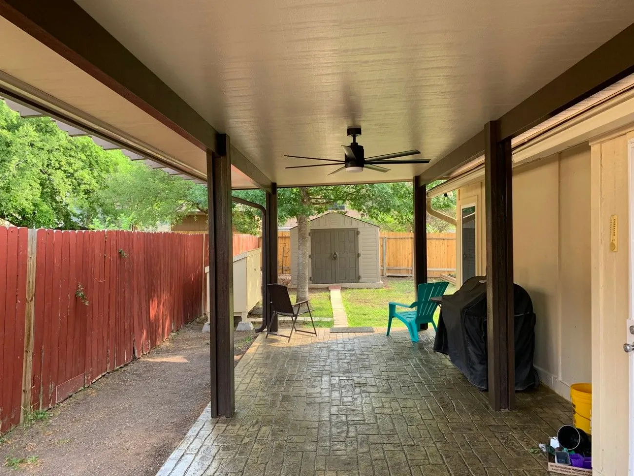 patio storage area with new patio cover in san antonio