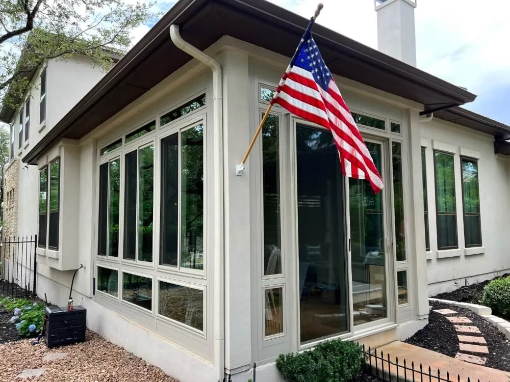 Patio enclosure with American flag.