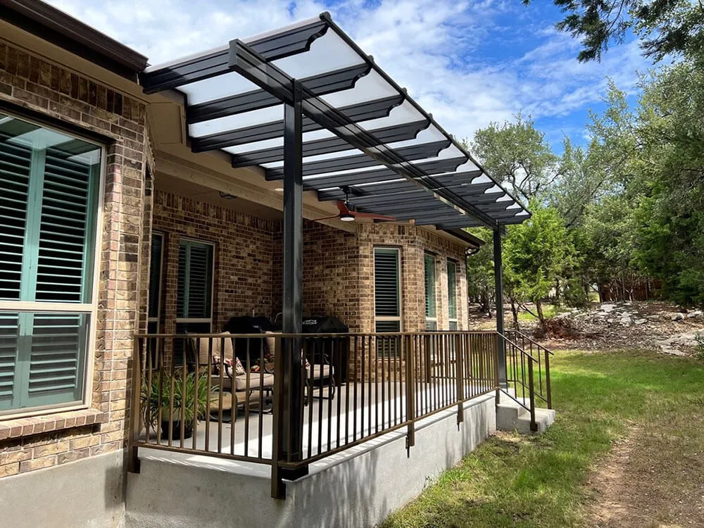 Modern pergola on brick home patio, San Antonio backyard.