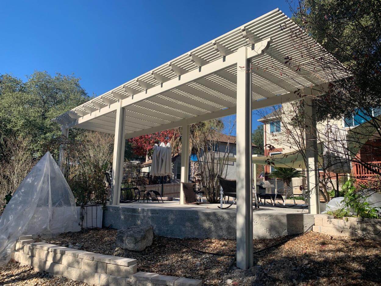 White pergola in a backyard, San Antonio.