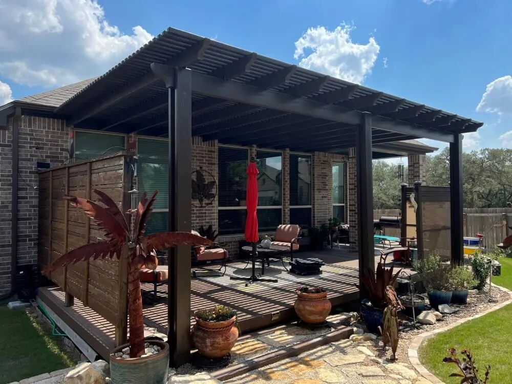 Pergola on patio with outdoor seating, San Antonio home.