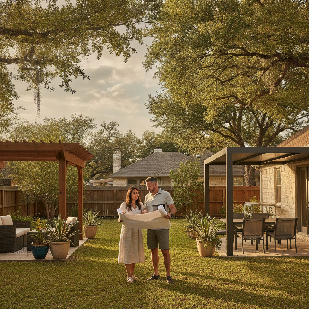 A San Antonio couple reviews outdoor structure options in their backyard, with pergolas and patio furniture visible.