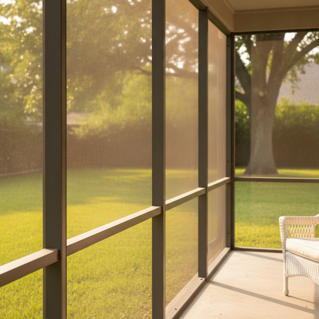 A close-up of an aluminum screen enclosure on a covered patio in a Texas backyard with filtered afternoon sun.