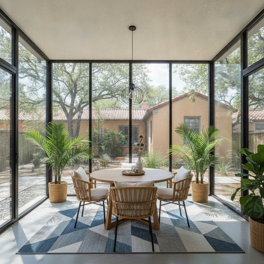 A sun-drenched glass sunroom with a modern dining area, concrete floor, area rug, and potted plants, San Antonio.