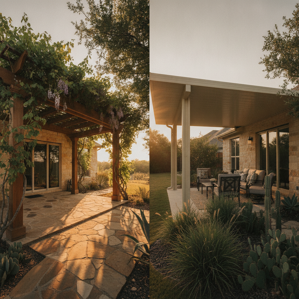 Side-by-side view of a pergola with climbing plants on the left and an insulated aluminum patio cover on the right in a Texas backyard.