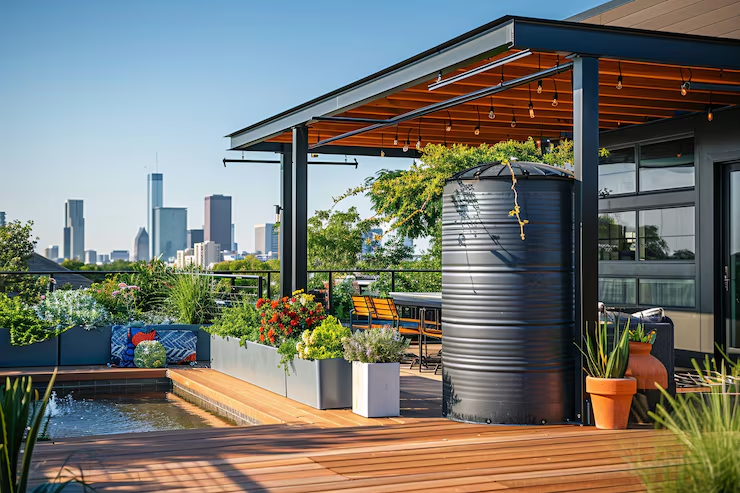 Rooftop terrace with plants, a rainwater tank, wooden decking, and a city skyline