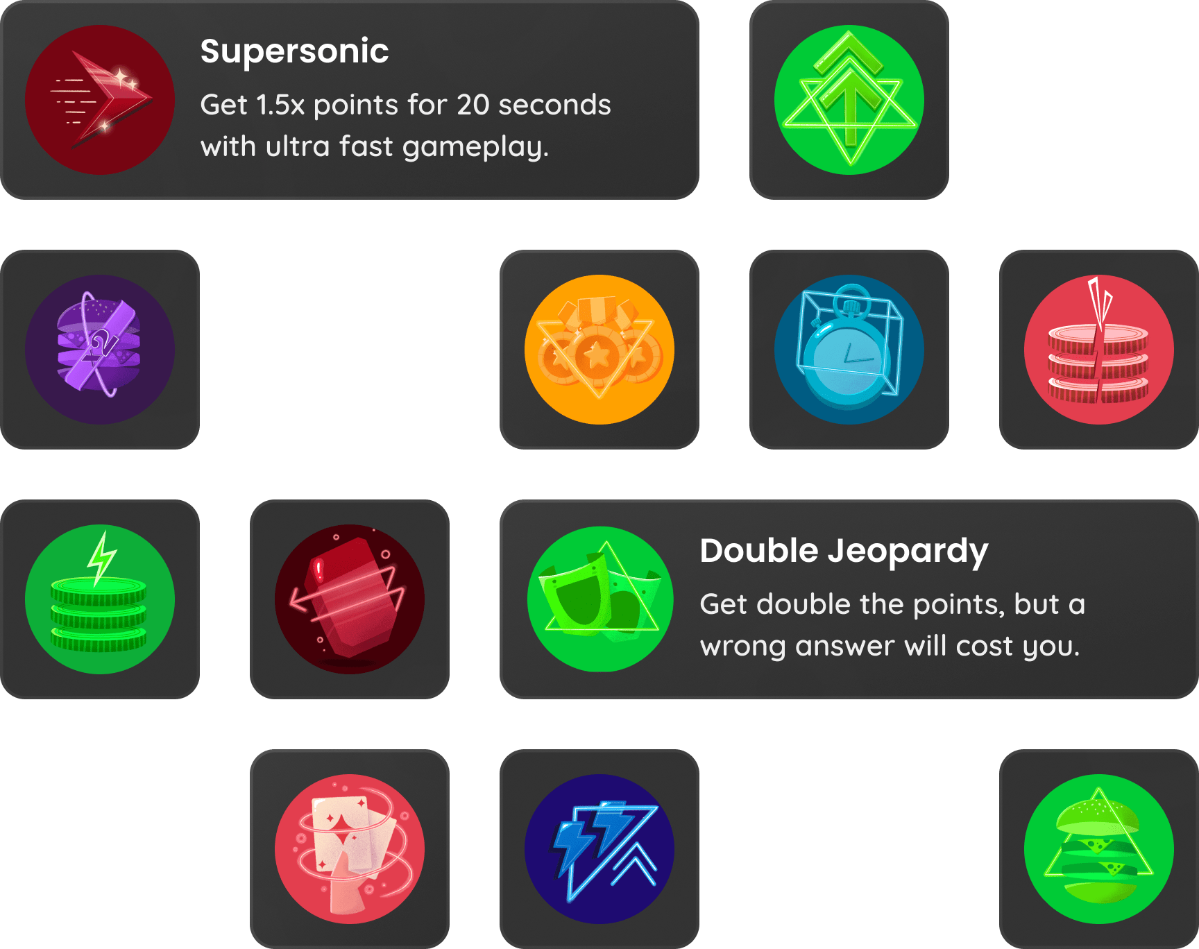 A Collection of icons representing the power-ups on Quizizz, such as 'Supersonic' and 'Double Jeopardy' 