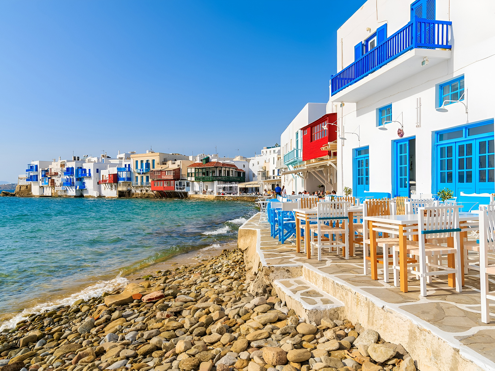 Seafront of Mykonos, first day of our charter itinerary