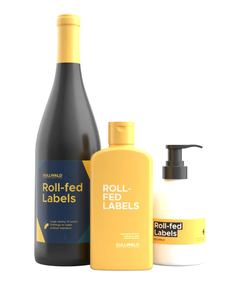 A wine bottle, a lotion bottle and a soap bottle with dispensing top, are examples of packaging that use roll-fed labels.