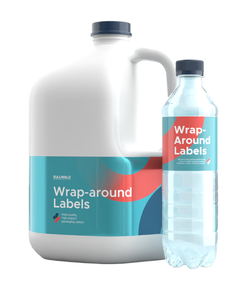 Large white jug and clear plastic bottle with colorful wrap-around labels for high-impact packaging.