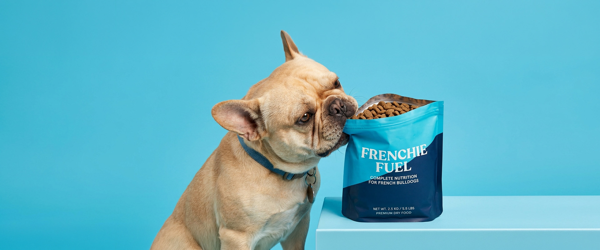 Light brown French bulldog sniffing an open blue bag of Frenchie Fuel dog food on a blue table.