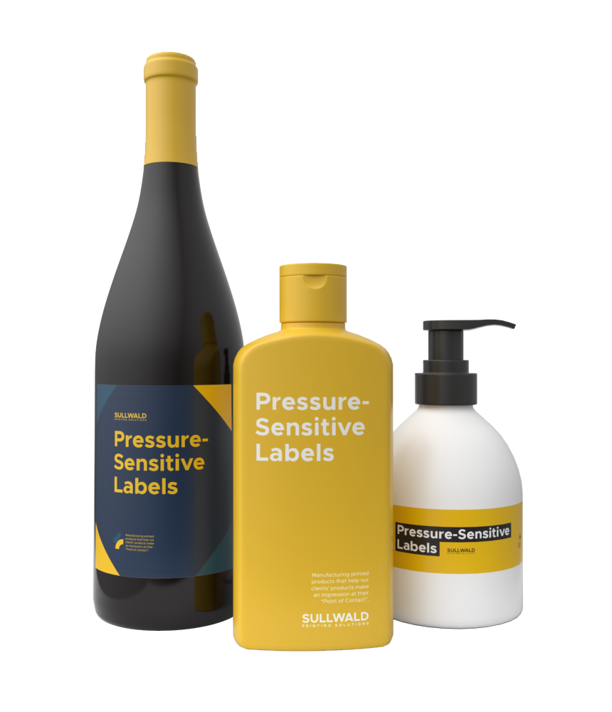 Three bottles with pressure-sensitive labels in yellow and black for SULLWALD printing solutions.