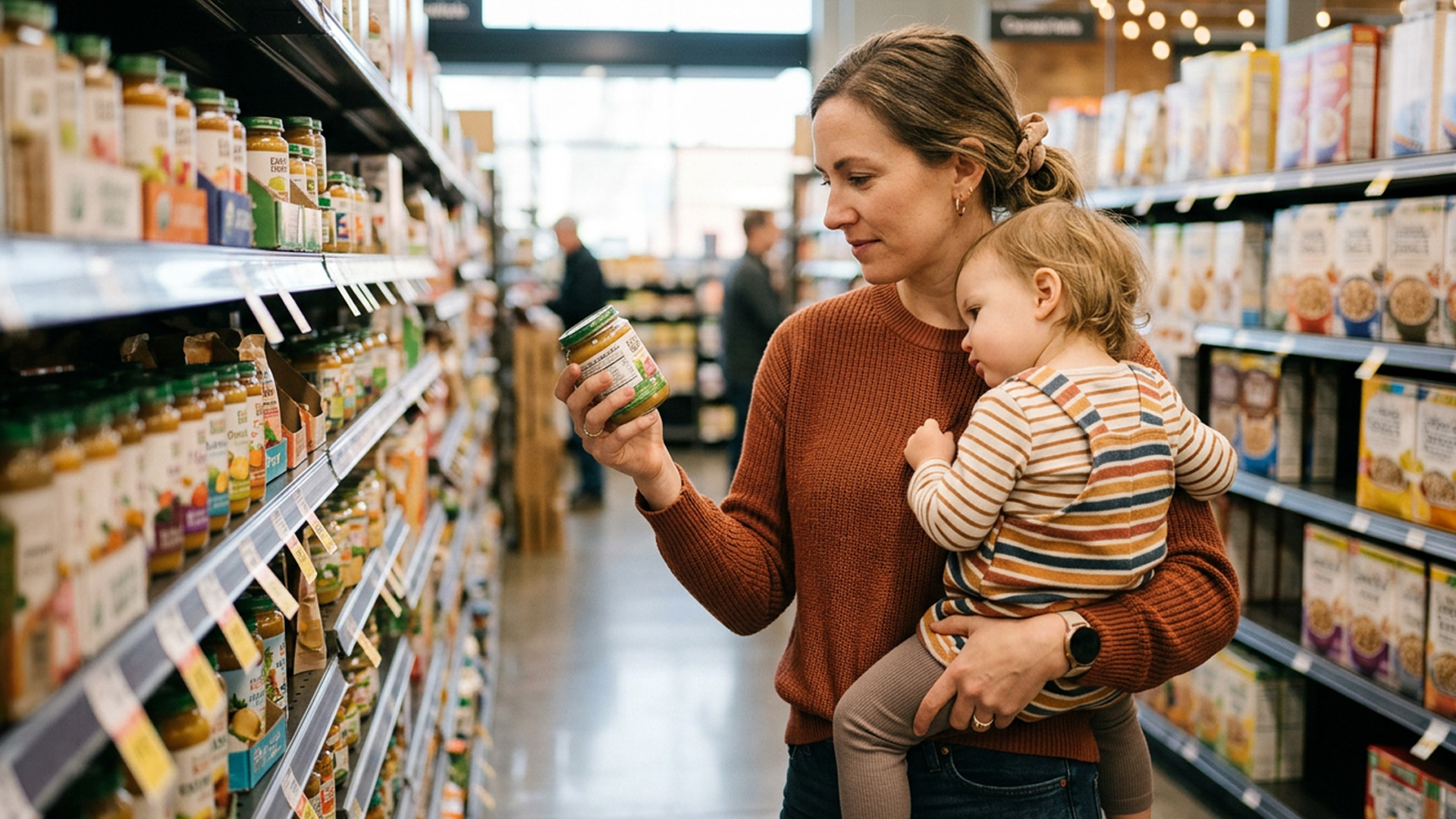 Woman holding a child while examining a jar of baby food in a grocery store aisle.