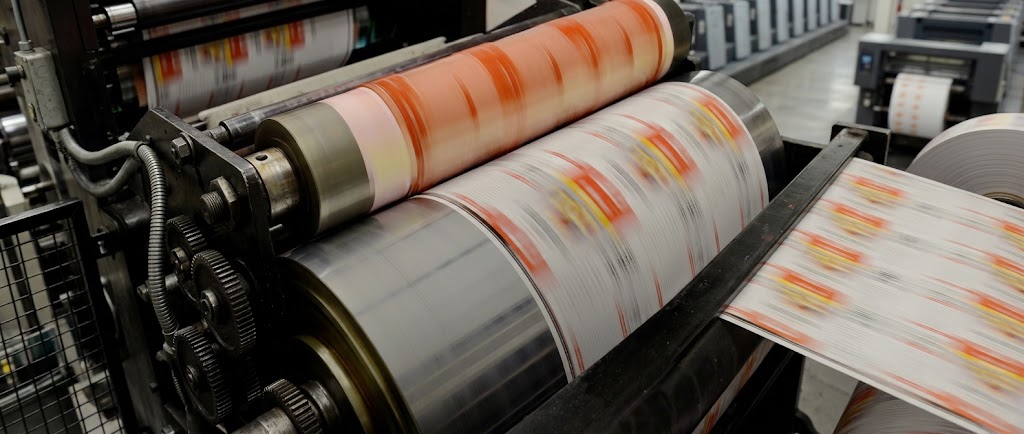 Close-up of a printing press machine with colorful paper rolls moving rapidly through it.