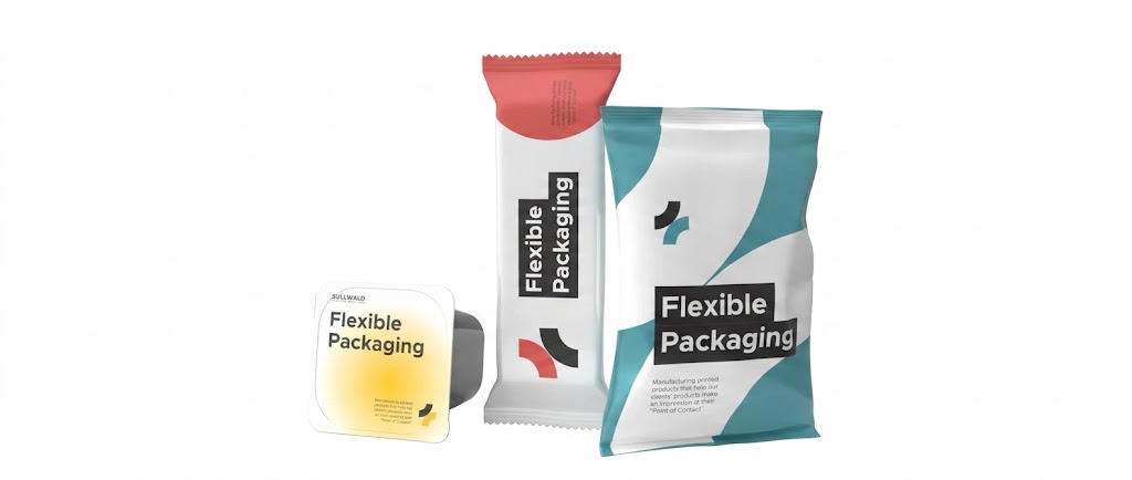 Three types of flexible packaging: a small pouch, a bar wrapper, and a sealed bag with modern design.