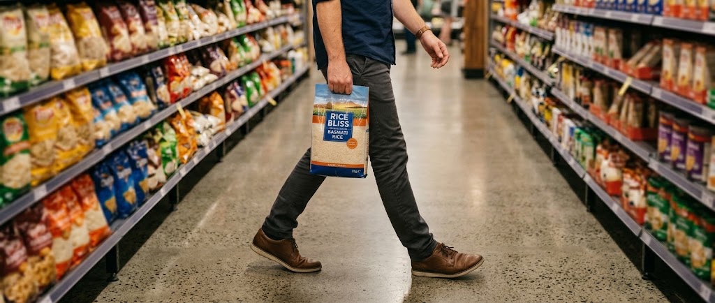 Person walking in grocery aisle holding a bag of Rice Bliss Basmati rice.