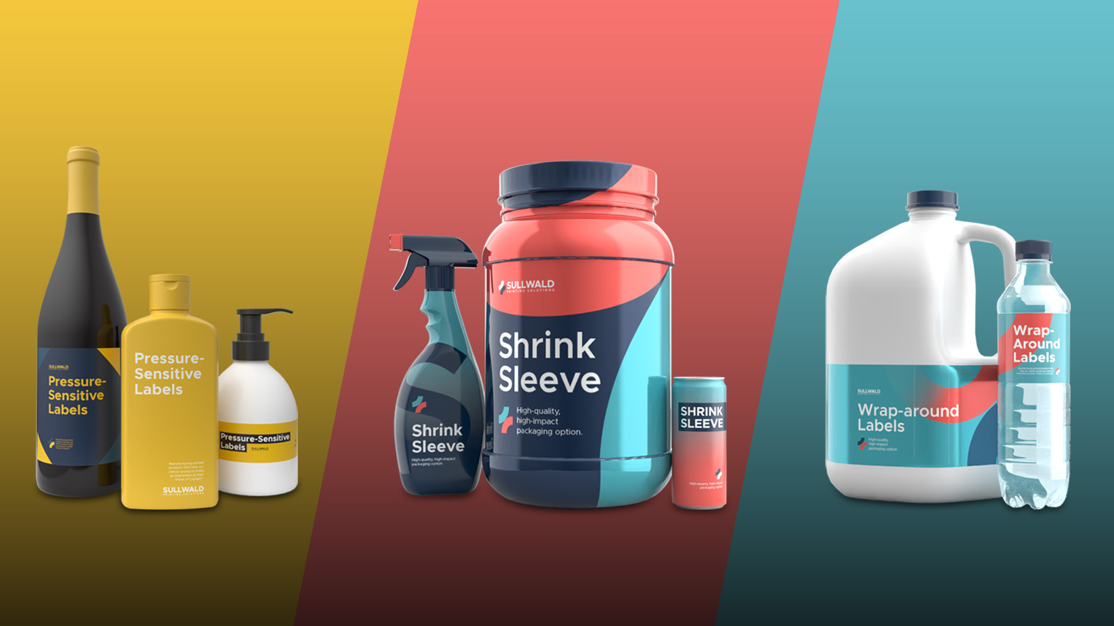 Three product groups on yellow, red and teal panels showing pressure-sensitive labels on bottles, a shrink sleeve on a tub, and wrap-around labels on a jug and water bottle.
