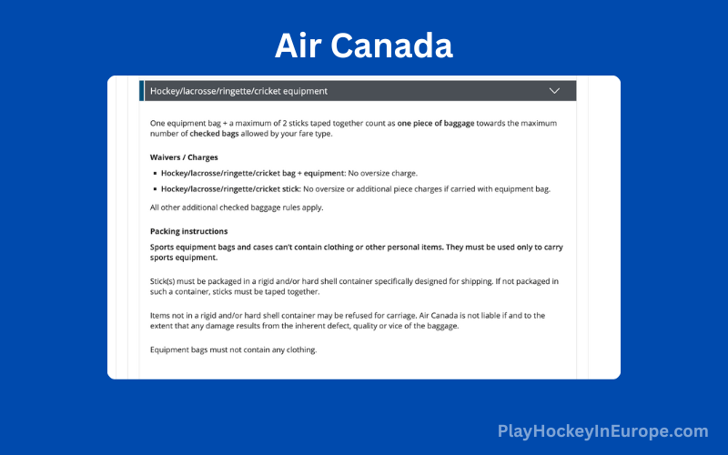 air canada hockey equipment baggage policy