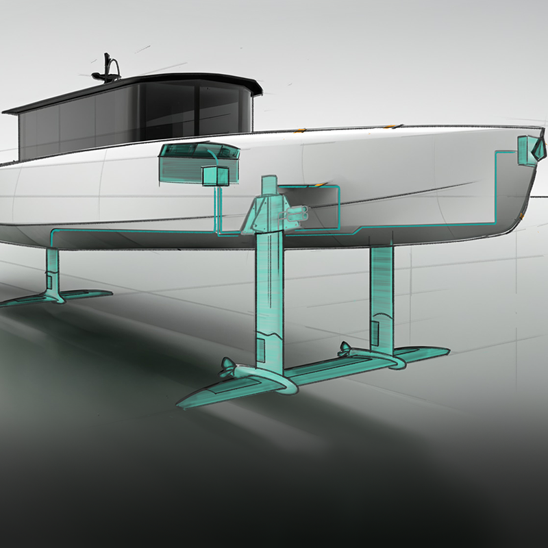 Computer drawing of a Flying Fish hydrofoil boat, with the hydrofoil systems highlighted