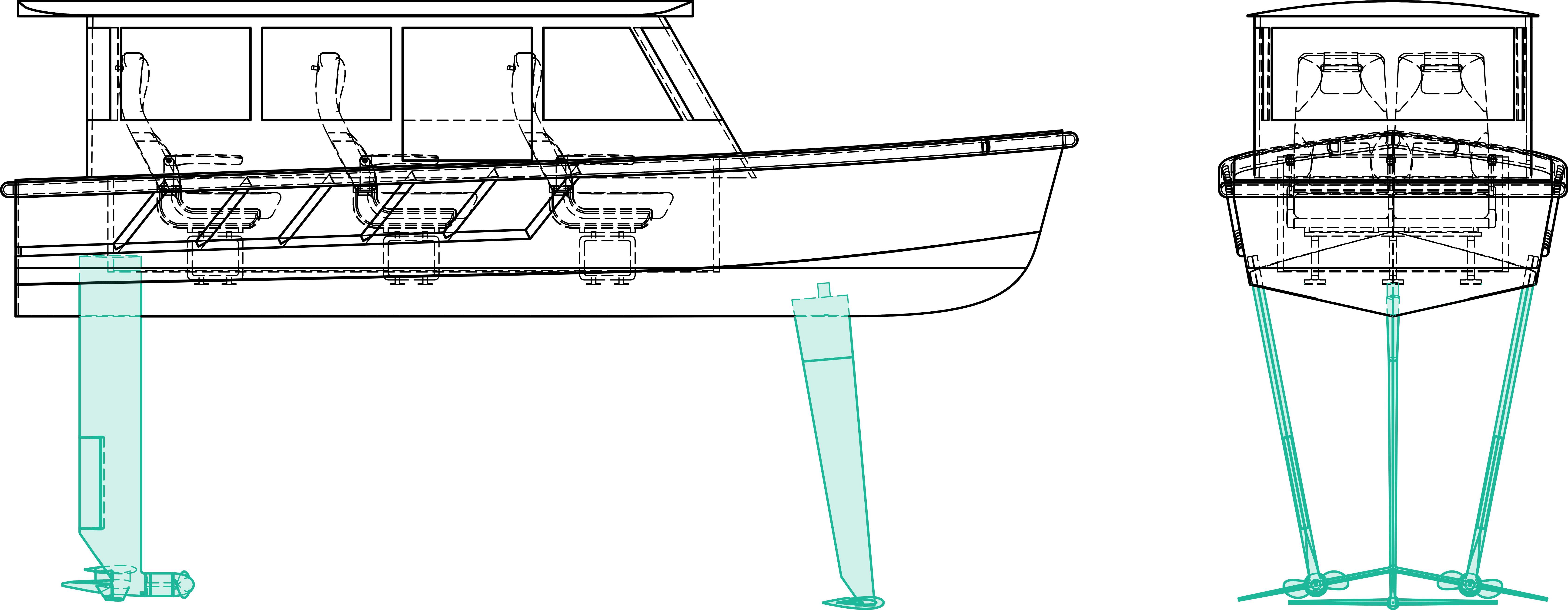 Blueprint for a Flying Fish hydrofoil water taxi, with the foils highlighted