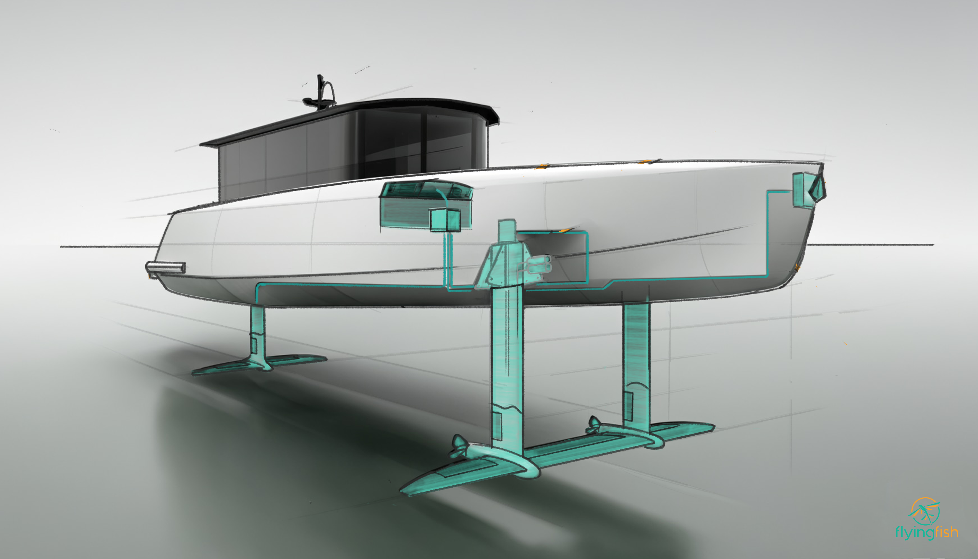 Computer drawing of a Flying Fish hydrofoil boat concept, with the foils and control systems highlighted