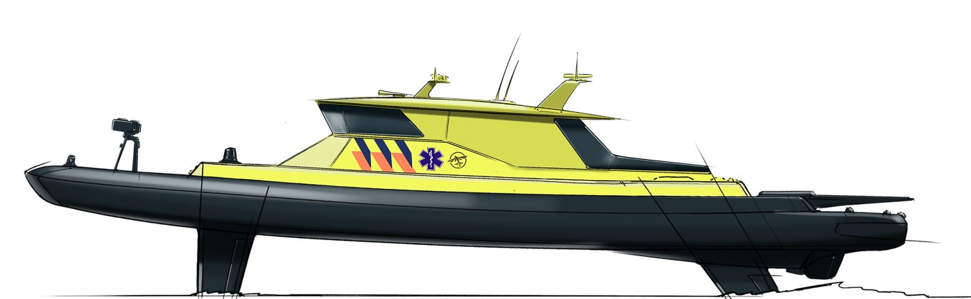 Computer drawing for a hydrofoiling Flying Fish ambulance boat concept