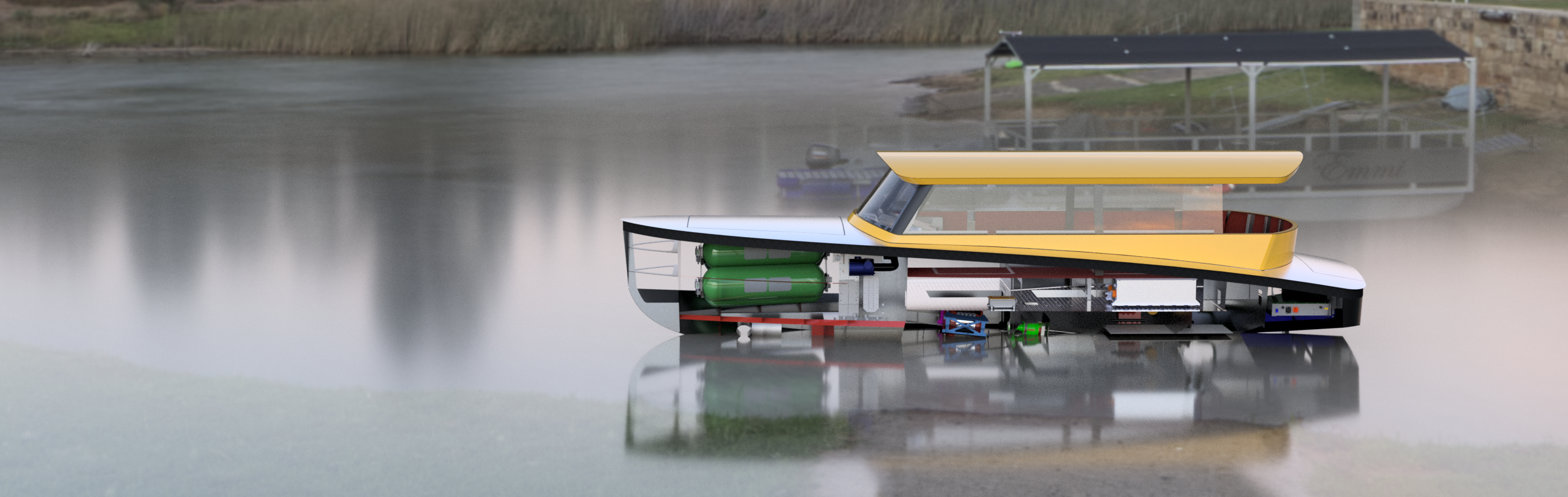 Computer render of a watertaxi with the Flying Fish SWIM hydrogen-electric propulsion sytem showing in a cutaway
