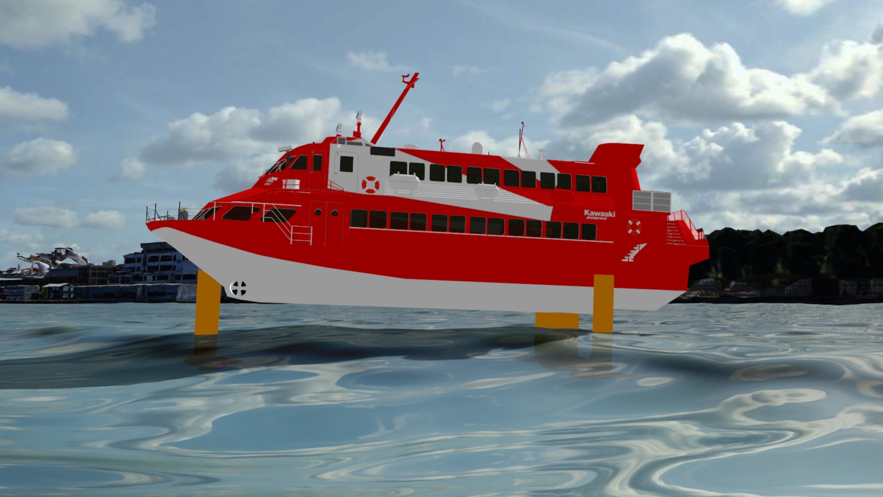Screenshot of the Flying Fish Hydrofoil Flight Simulator, showing a large hydrofoil ship.
